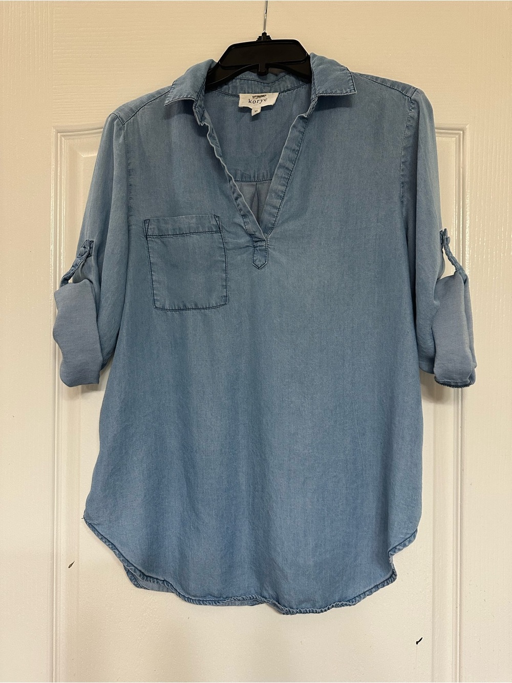 Korye Light Blue Denim Chambray Tencel Popover Tunic Top Roll Sleeve Soft M